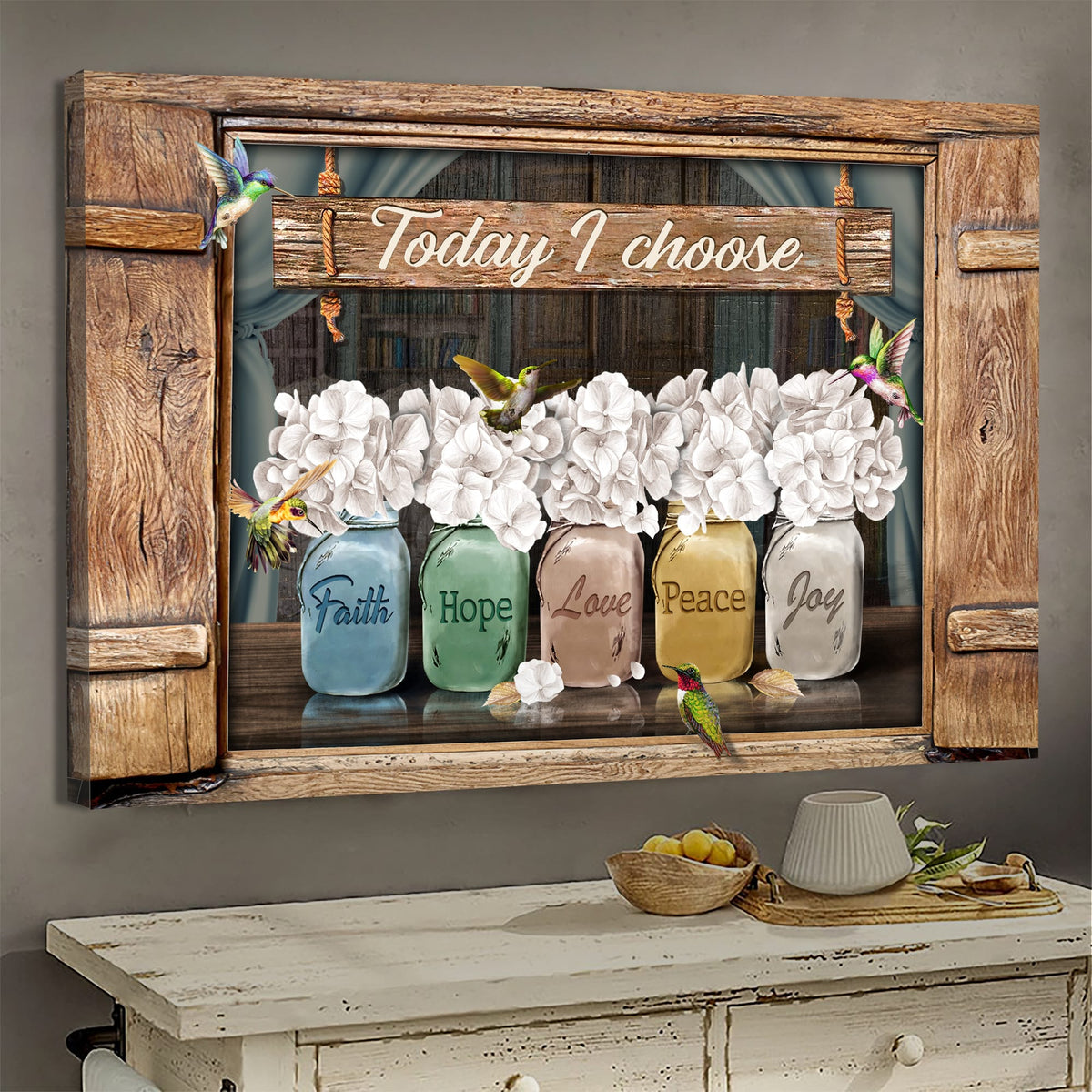 Hummingbird, White Hydrangea, Today I choose joy - Jesus, Window frame Landscape Canvas Prints, Wall Art