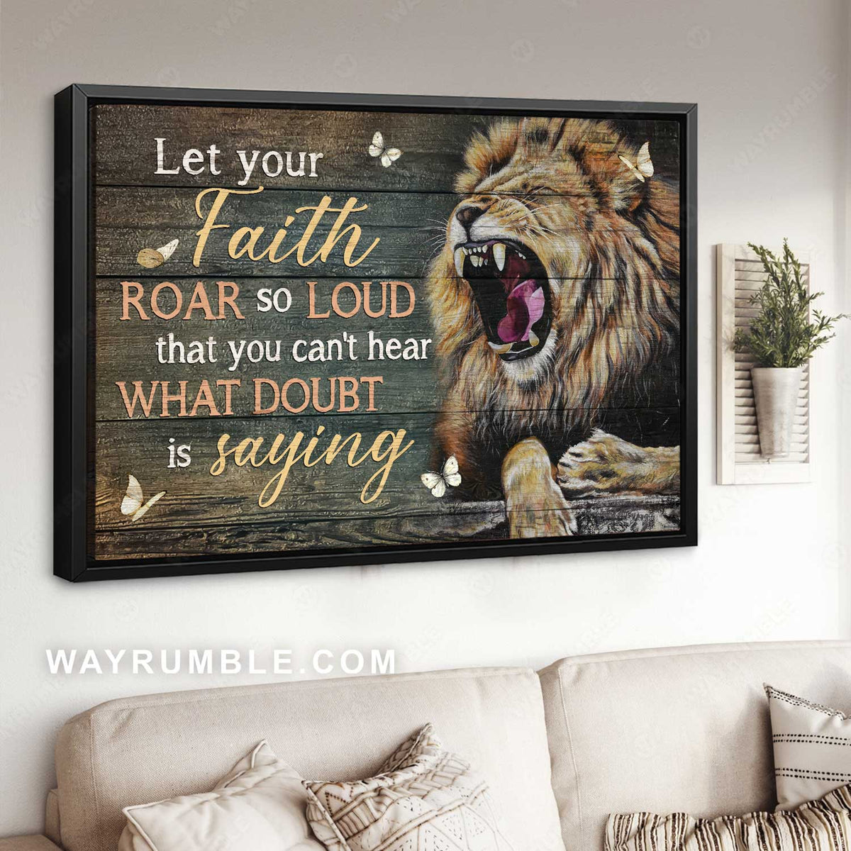 Lion of Judah, Wooden background, Let your faith roar so loud - Jesus Landscape Canvas Prints, Christian Wall Art