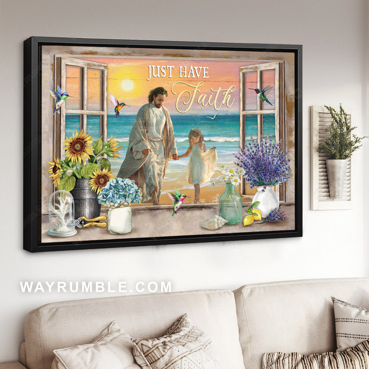Little girl, Jesus hold my hand, Ocean view, Just have faith - Jesus Landscape Canvas Prints, Christian Wall Art