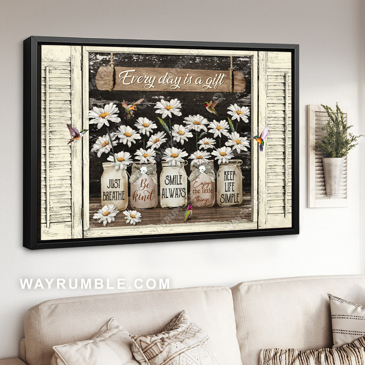 White daisy, Mason jars, Green hummingbirds, Every day is a gift - Jesus Landscape Canvas Prints, Christian Wall Art