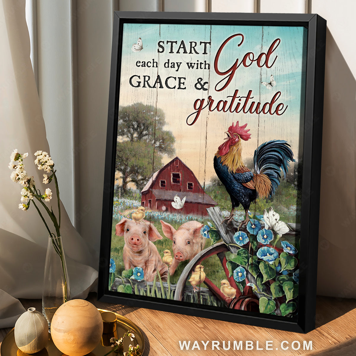 Rooster drawing, Baby pig, Yellow chicks, Farm life, Start each day with God - Jesus Portrait Canvas Prints, Christian Wall Art