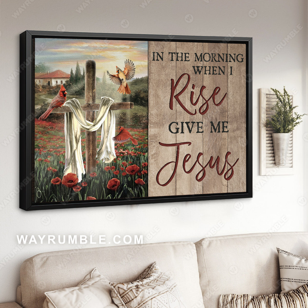 Wooden cross, Red cardinals, Red poppy, In the morning give me Jesus - Jesus Landscape Canvas Prints, Christian Wall Art