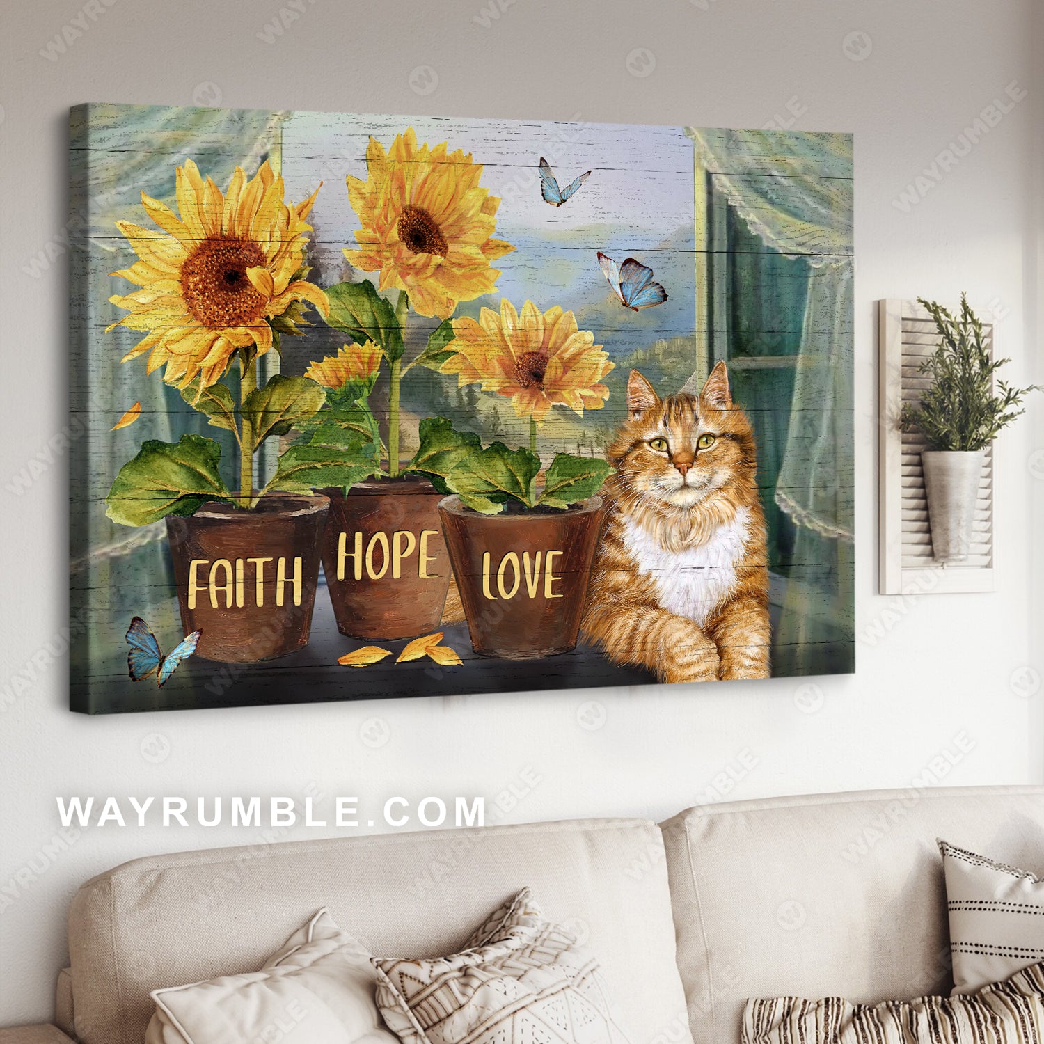 Yellow tabby cat, Sunflower pot, Blue butterfly, Faith, Hope, Love - Jesus Landscape Canvas Prints, Christian Wall Art