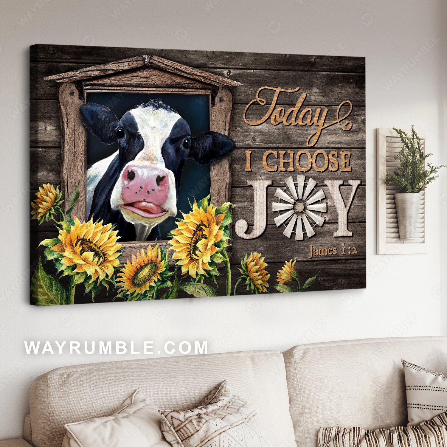 Cow painting, Sunflower, Old barn, Today I choose joy - Jesus Landscape Canvas Prints, Christian Wall Art