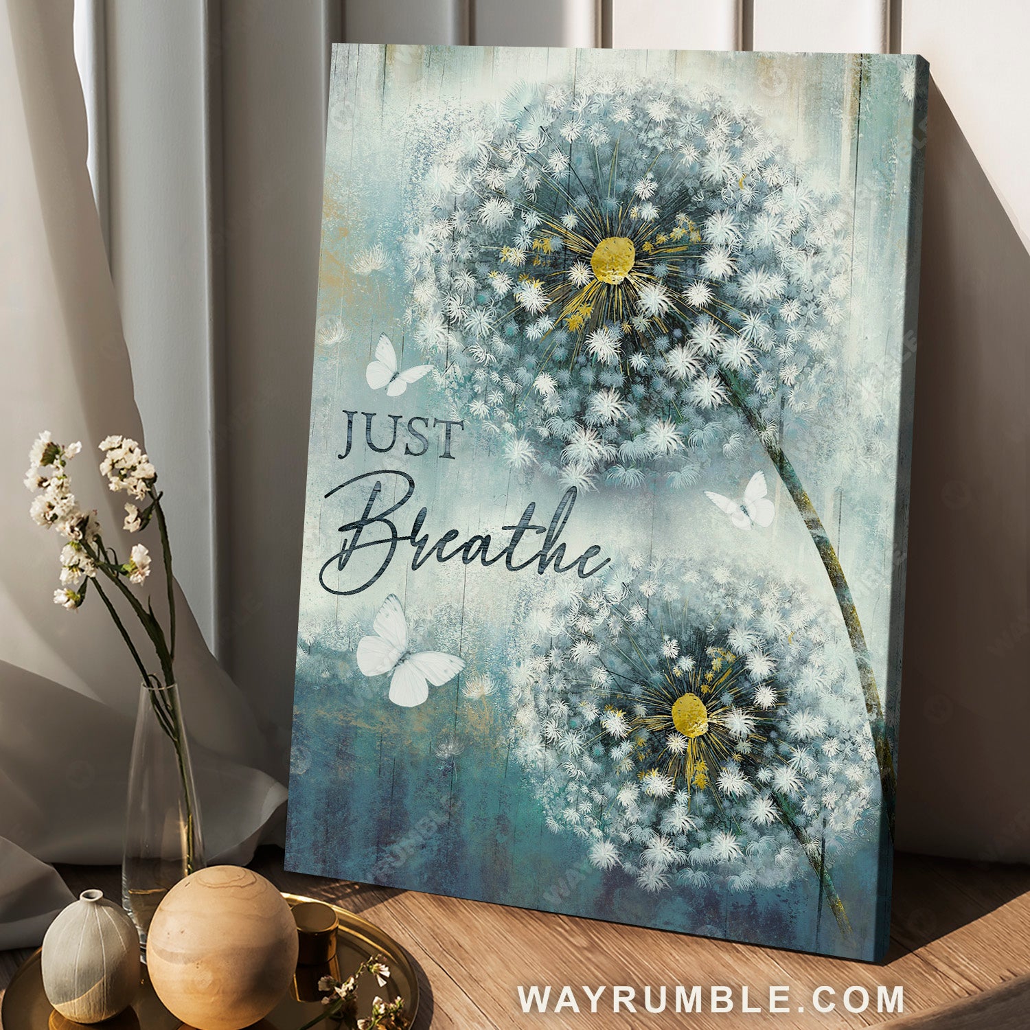 Dandelion painting, White butterfly, Light blue background, Just breath - Jesus Portrait Canvas Prints, Christian Wall Art
