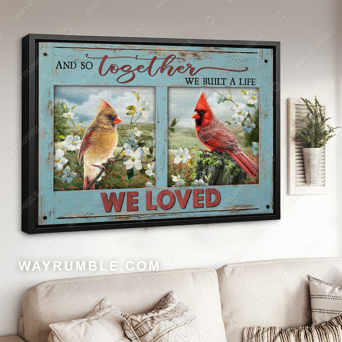 Cardinal couple, Green landscape, Blue sky, White flower, Together we loved - Couple Landscape Canvas Prints, Wall Art