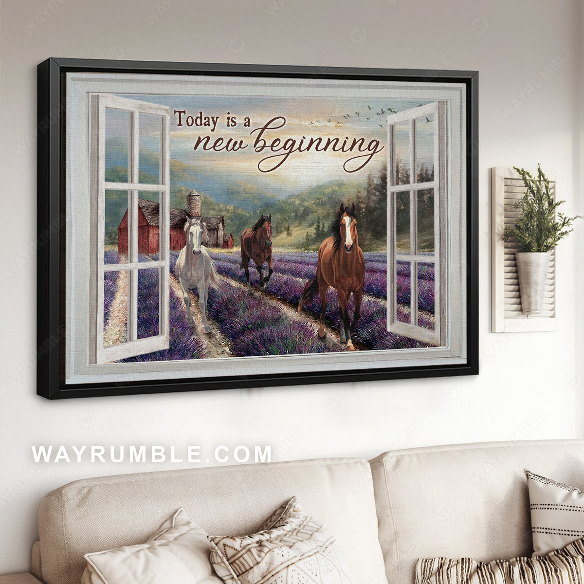 Lavender farm, Horse running, Nature painting, Today is new beginning - Jesus Landscape Canvas Prints, Christian Wall Art