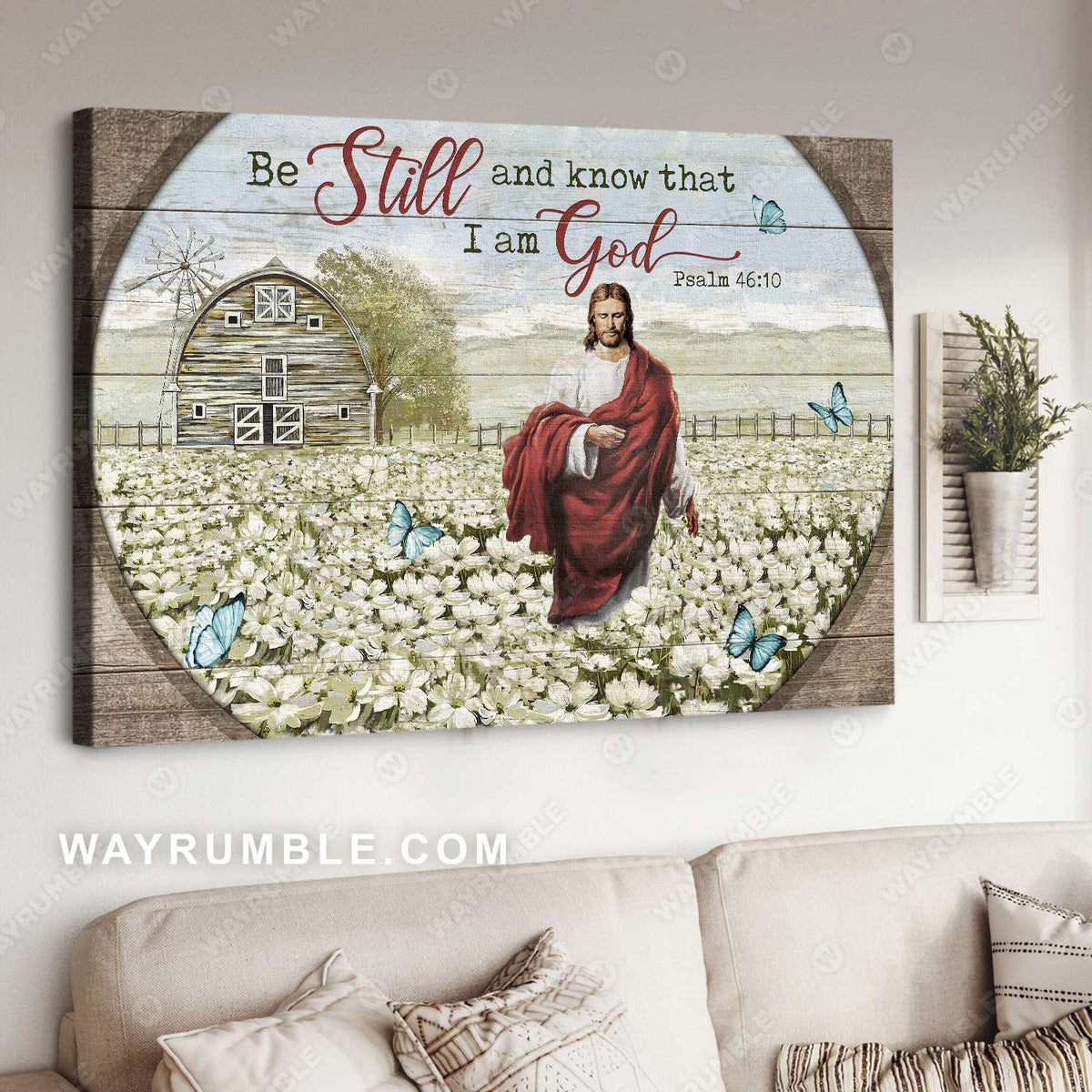 Flower field, Countryside landscape, Jesus painting, Be still and know that I am God - Jesus Landscape Canvas Prints, Christian Wall Art