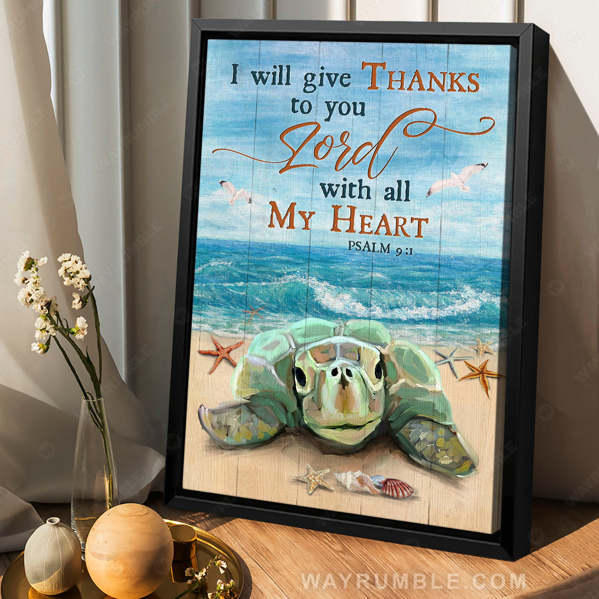 Sea turtle, Sand beach, Blue ocean, I will give thanks to you Lord - Jesus Portrait Canvas Prints, Christian Wall Art