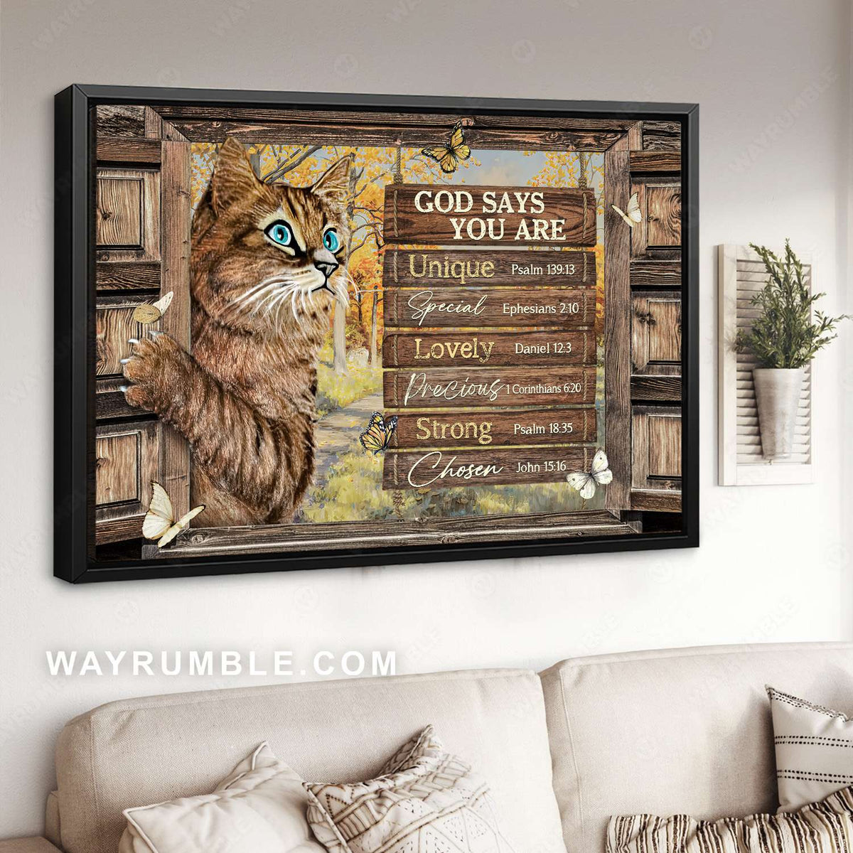 Tabby cat, Autumn forest, Wooden window, God says you are unique - Jesus Landscape Canvas Prints, Christian Wall Art