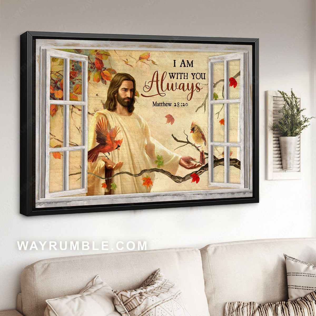 Jesus hug, Red cardinal, Yellow cardinal, Autumn leaves, I am with you always - Jesus Landscape Canvas Prints, Christian Wall Art