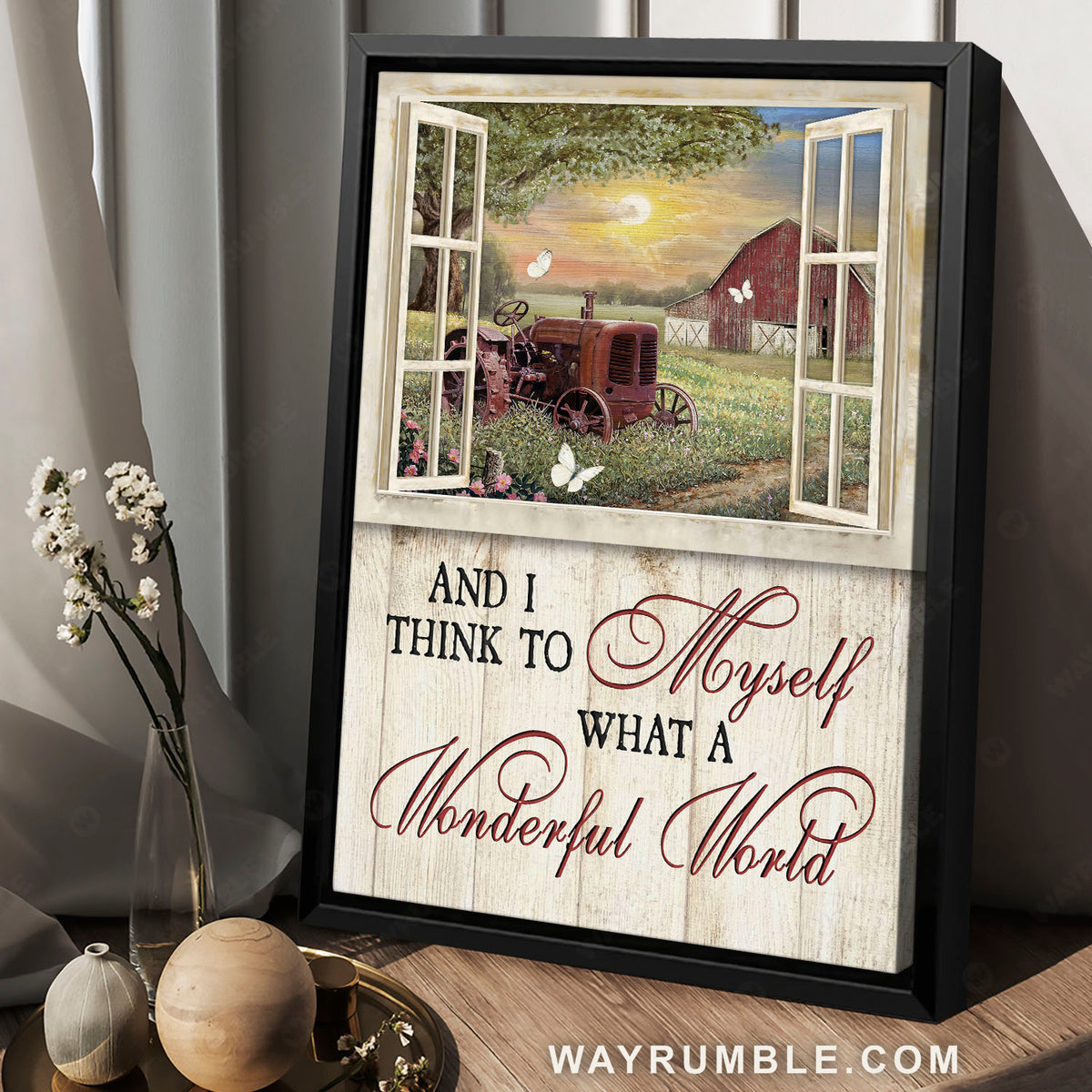 Red tractor, Tiny flower, Grass land, Sunny day, What a wonderful world - Jesus Portrait Canvas Prints, Christian Wall Art