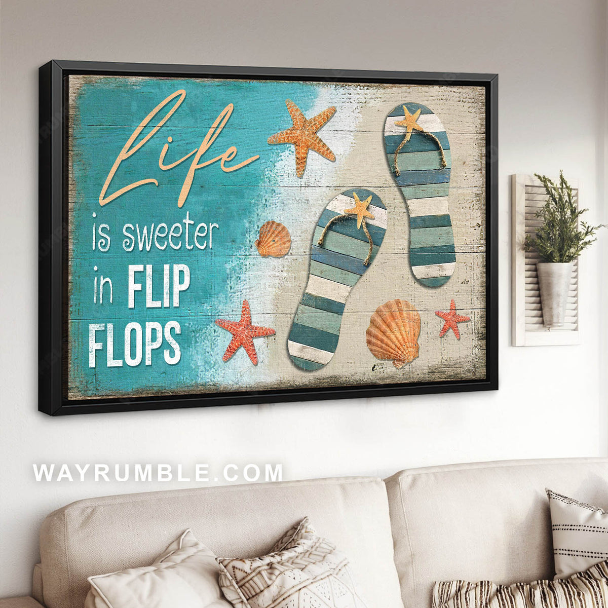 Sand beach, Flip flops, Seashell, Sea star, Life is sweeter - Jesus Landscape Canvas Prints, Christian Wall Art
