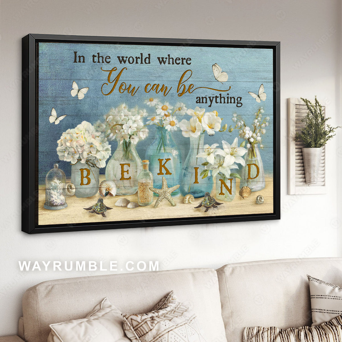 White hydrangea, Daisy flower, Glass bottles, Seashell, Sea turtle, Be kind - Jesus Landscape Canvas Prints, Christian Wall Art