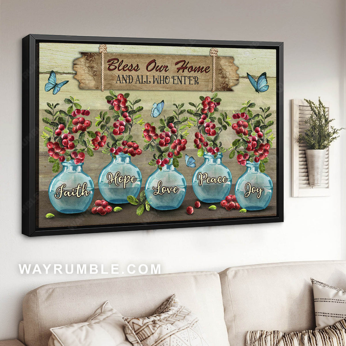 Blue vase, Blue butterfly, Cranberry, Bless our home - Jesus Canvas Prints, Christian Wall Art