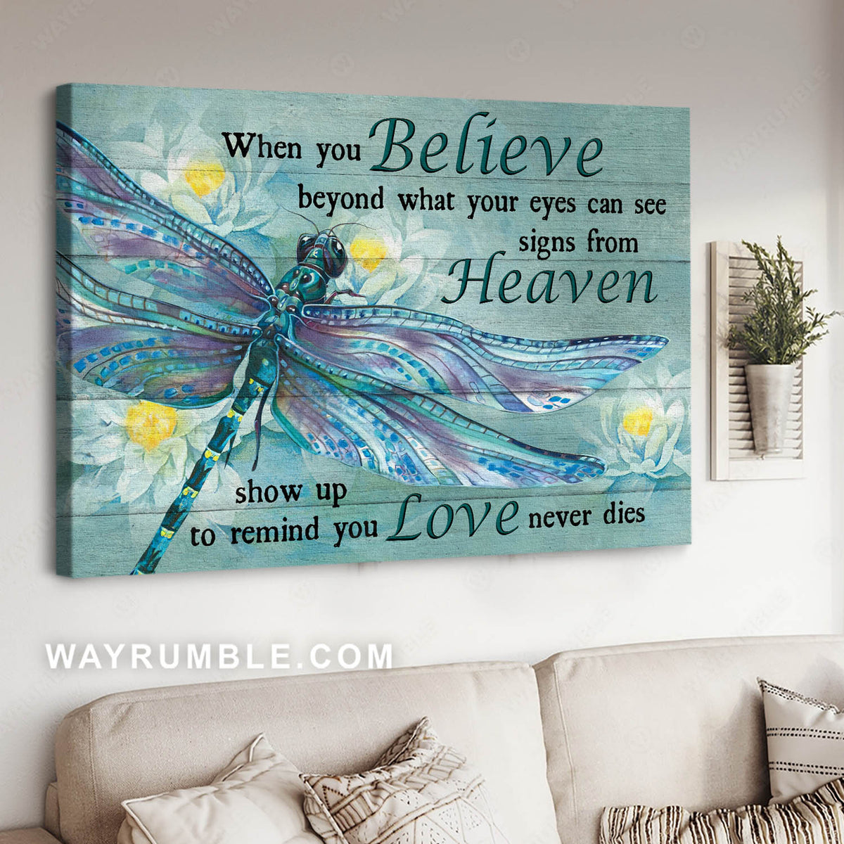 Colorful dragonfly, White flower, Light blue background, Love never dies - Jesus Landscape Canvas Prints, Christian Wall Art