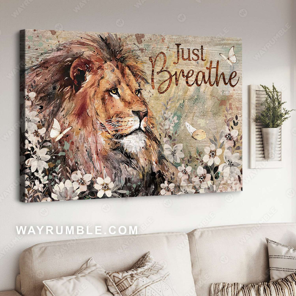 Lion watercolor painting, Lion of Judah, Flower field, Just breath - Jesus Landscape Canvas Prints, Christian Wall Art
