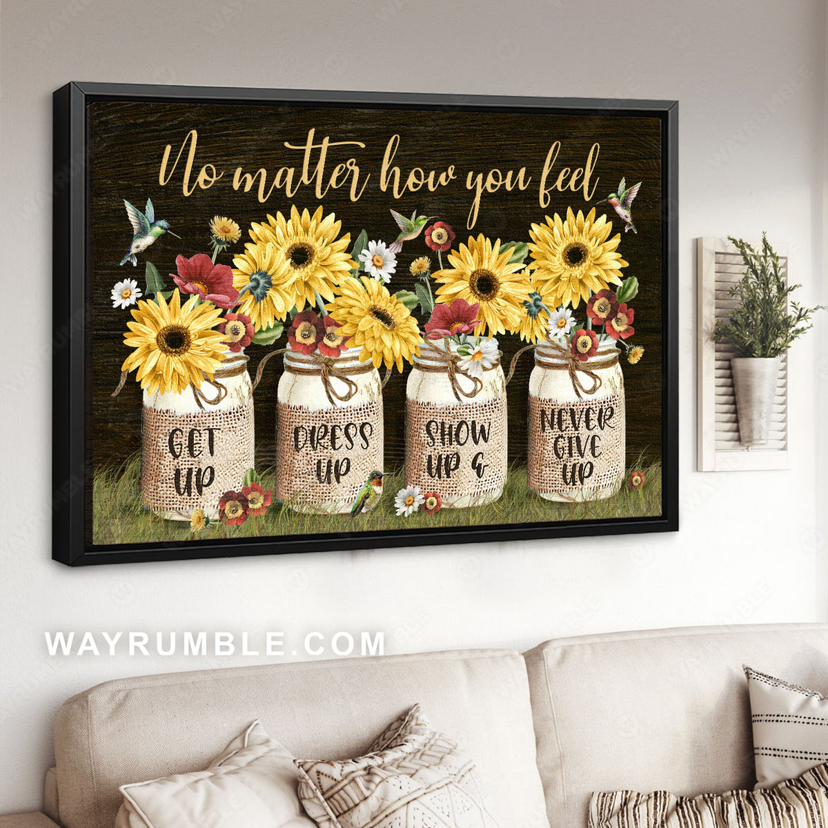 Yellow gerbera daisy, Mason jars, Hummingbirds, Never give up - Jesus Landscape Canvas Prints, Christian Wall Art