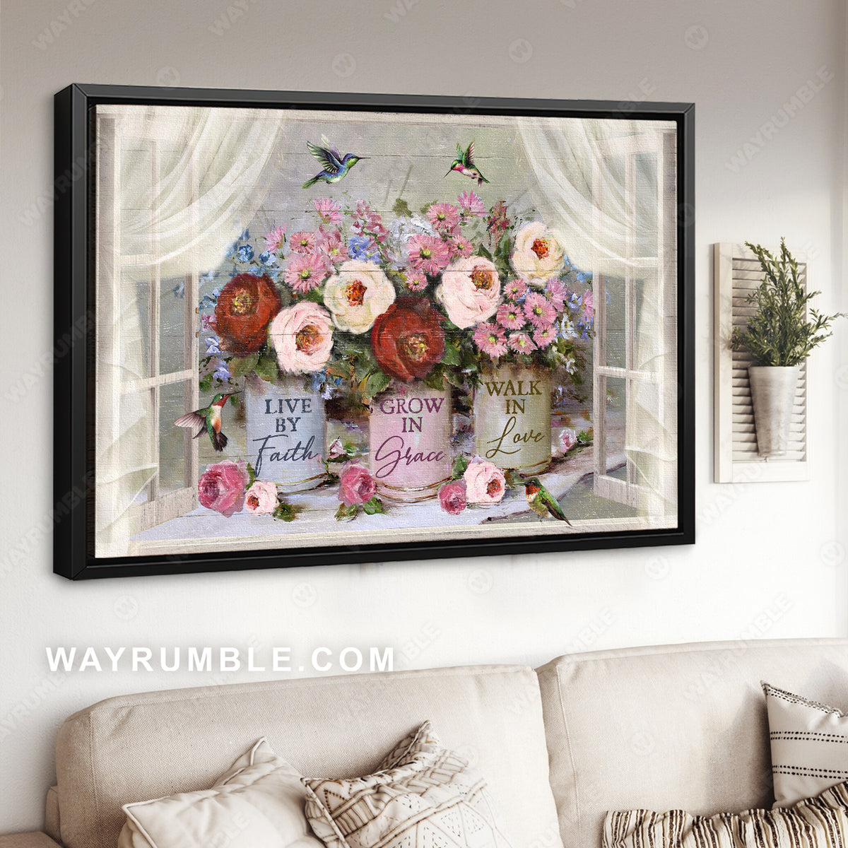 Rose, Pink daisy, Hummingbird, Window frame, Live by faith - Jesus Landscape Canvas Prints, Christian Wall Art