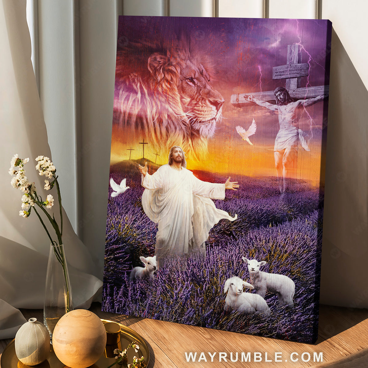 Jesus on the cross, The Lamb of God, The Lion of Judah, Lavender field - Jesus Portrait Canvas Prints, Christian Wall Art