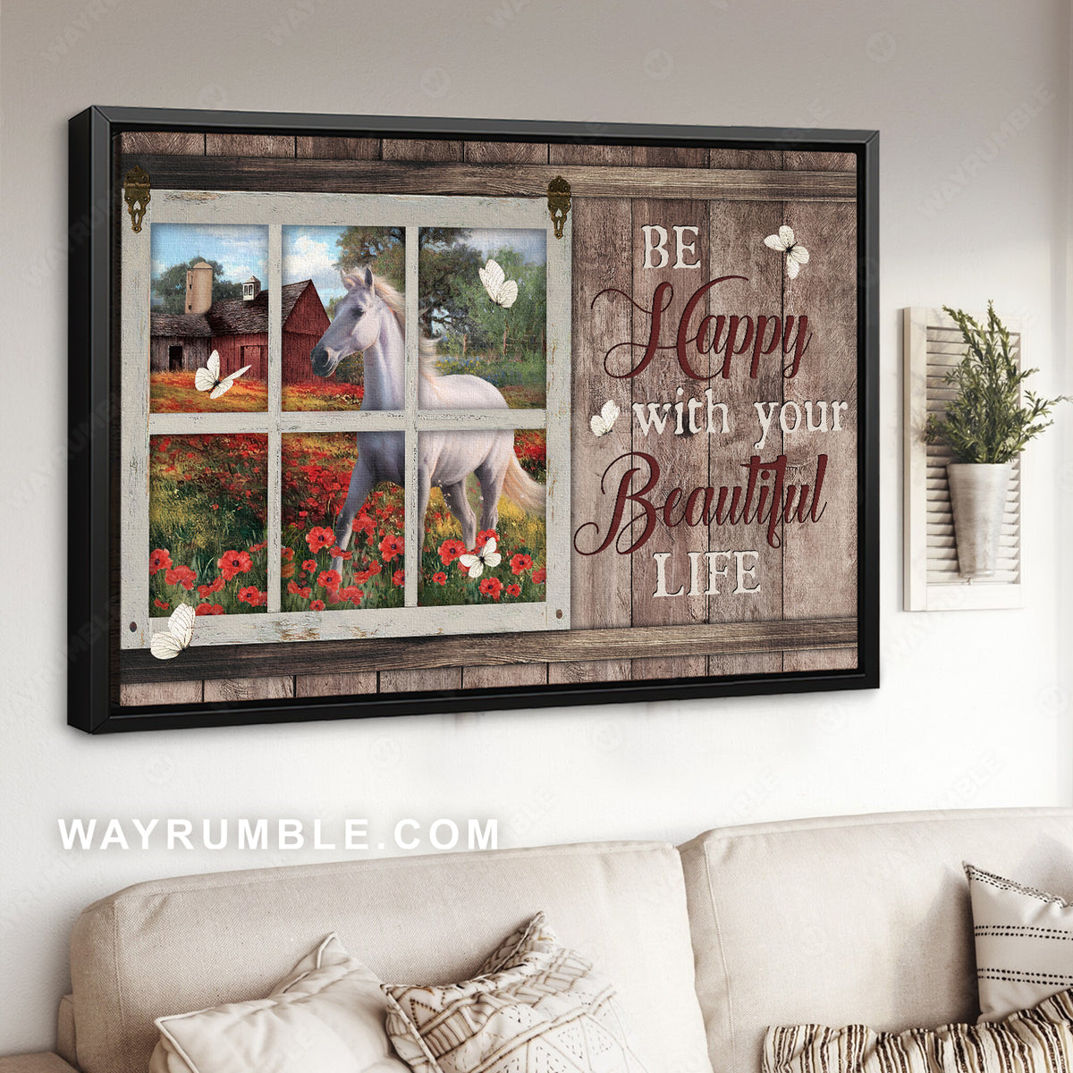 White horse, Red poppy, Farm life, Be happy with your beautiful life - Jesus Landscape Canvas Prints, Christian Wall Art