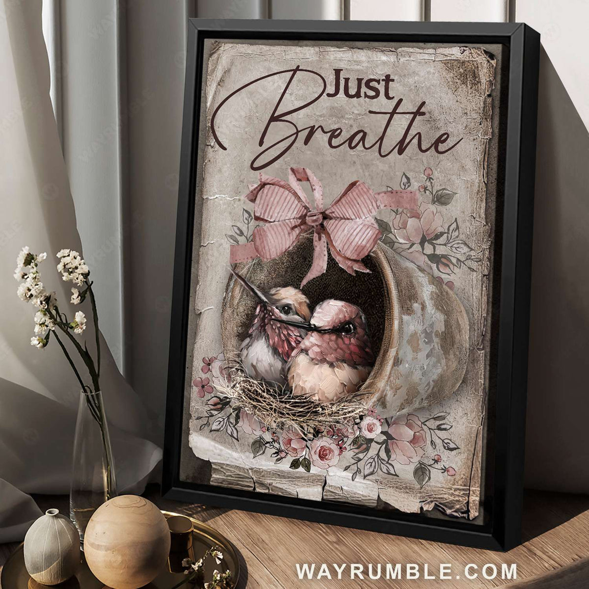 Baby hummingbird, Flower vase, Pink bow, Just breathe - Jesus Portrait Canvas Prints, Christian Wall Art