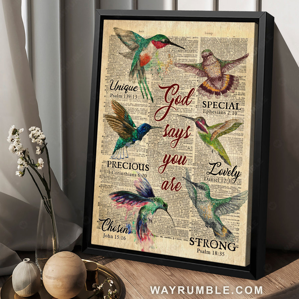 Hummingbird painting, Newspaper background, God says you are - Jesus Portrait Canvas Prints, Christian Wall Art