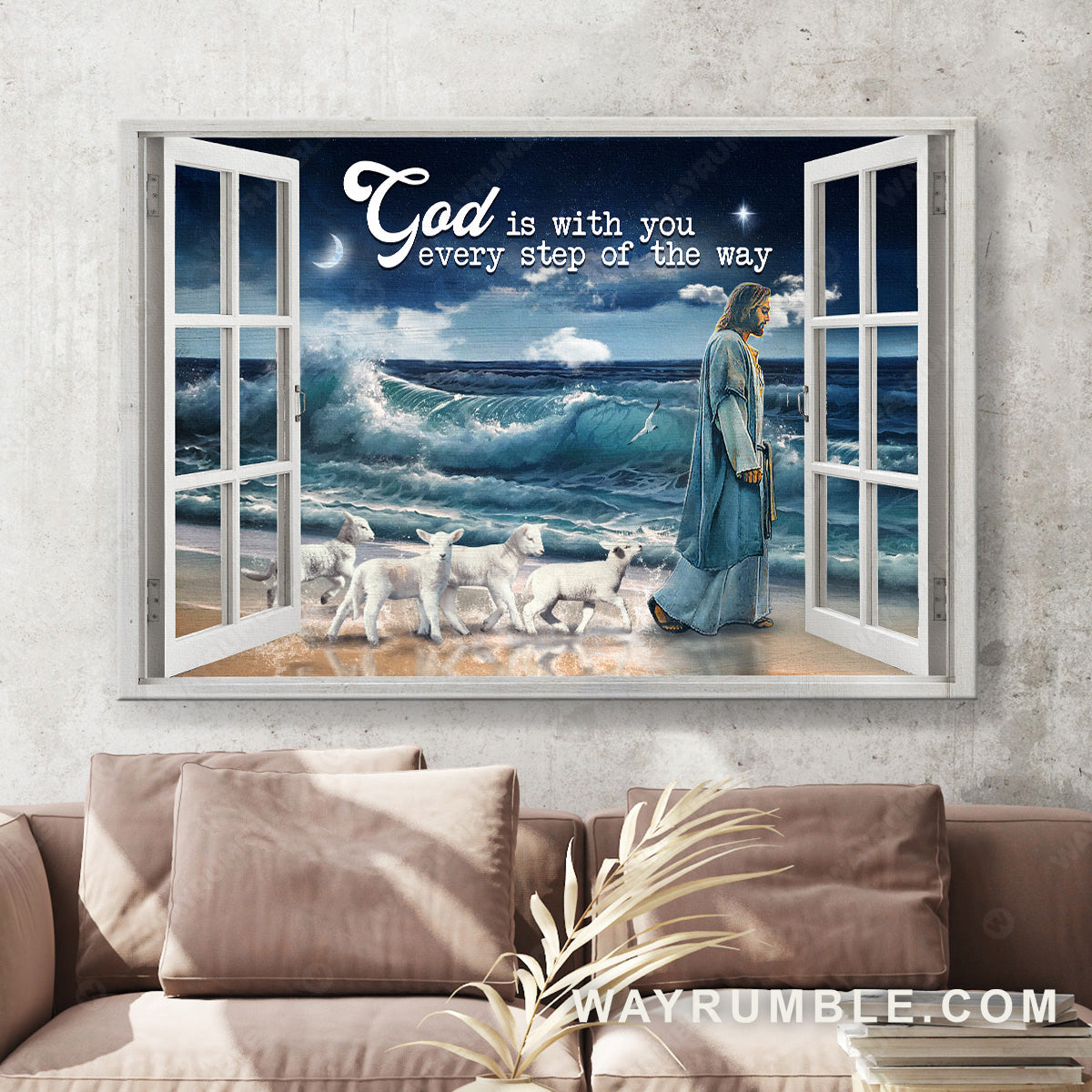 The night beach, Jesus and lambs, God is with you every step of the way - Jesus Landscape Canvas Prints, Christian Wall Art