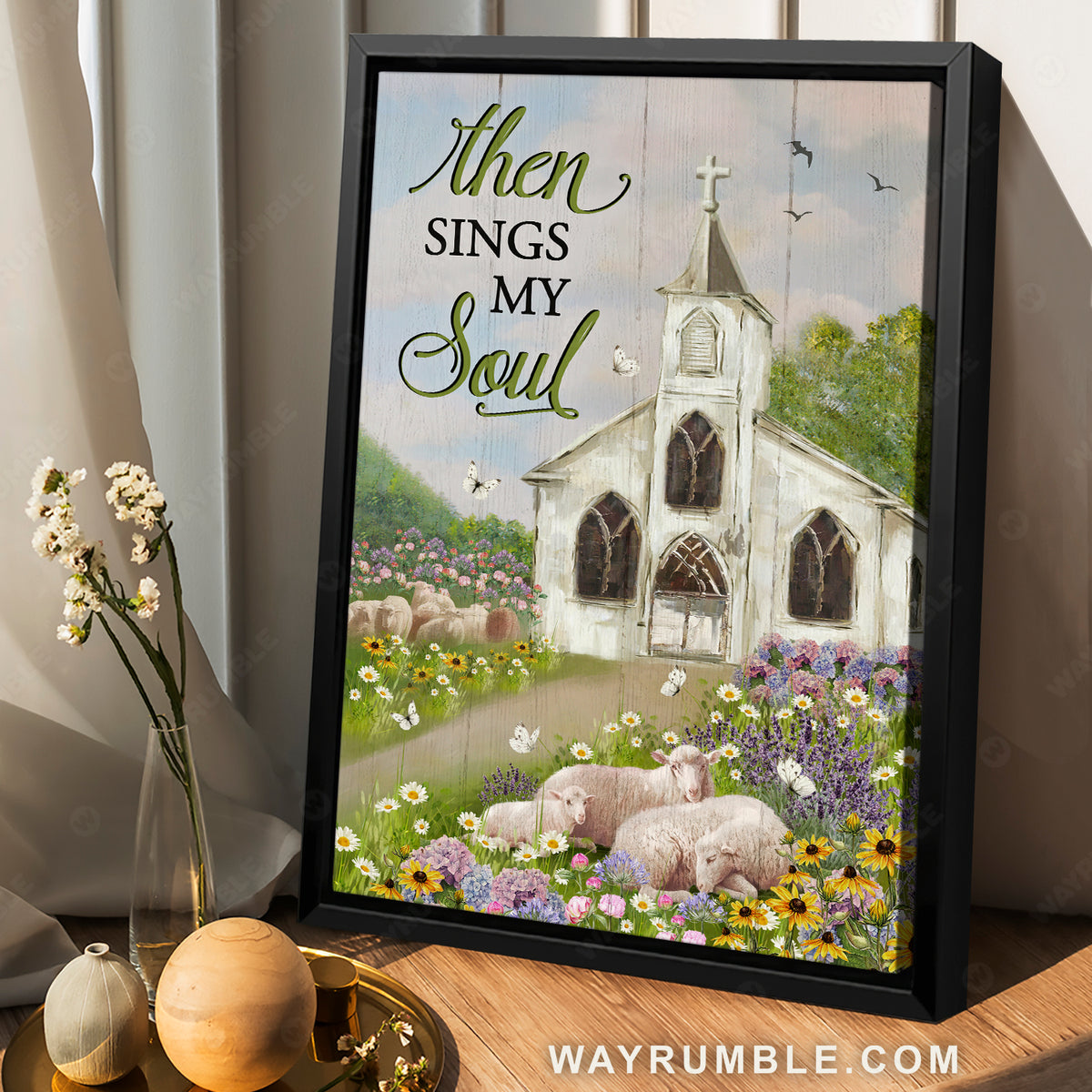 White church, Sleeping sheep, Colorful flower, Summer garden, Then sings my soul - Jesus Portrait Canvas Prints, Christian Wall Art