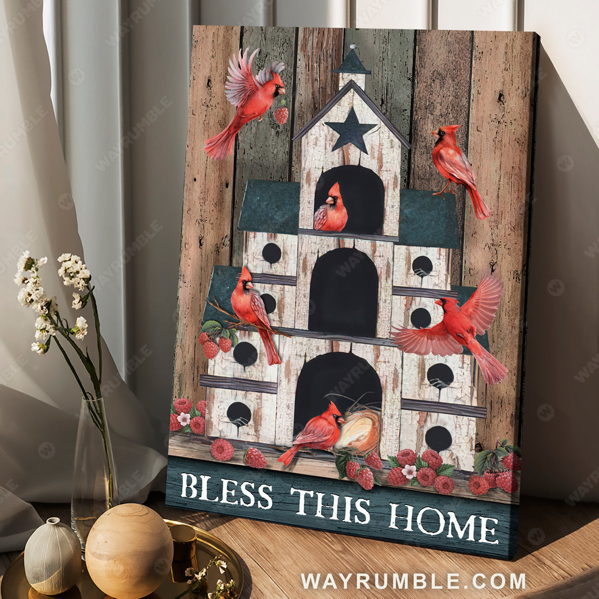 Northern cardinal, Birdhouse, Raspberries, Bless this home - Jesus Portrait Canvas Prints, Christian Wall Art