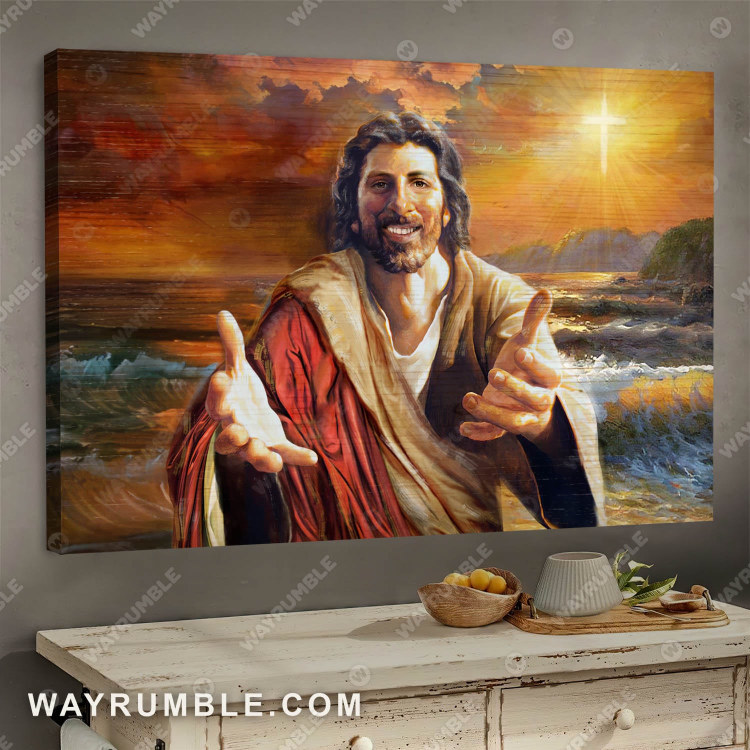 Ocean Painting, The beautiful sunset, Come unto Christ - Jesus Landscape Canvas Prints, Wall Art
