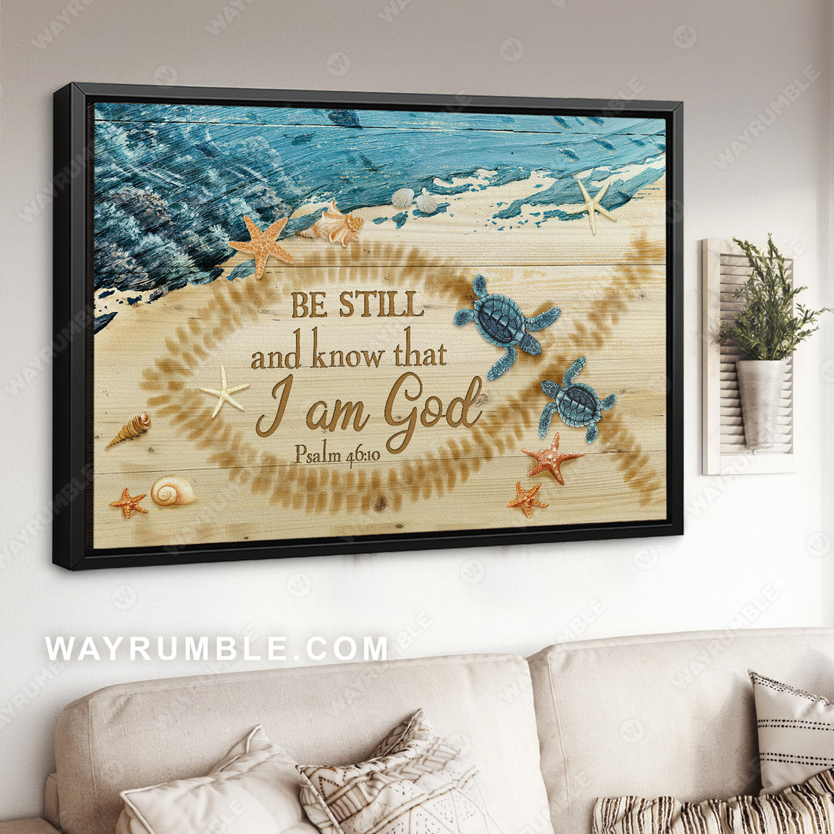 Beach painting, Turtle, Starfish, Conch, Be still and know that I am God - Jesus Landscape Canvas Prints, Christian Wall Art