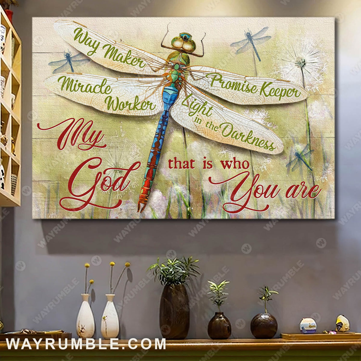 Colorful dragonfly drawing, White dandelion, My God that is who you are way maker - Jesus Landscape Canvas Prints, Wall Art 