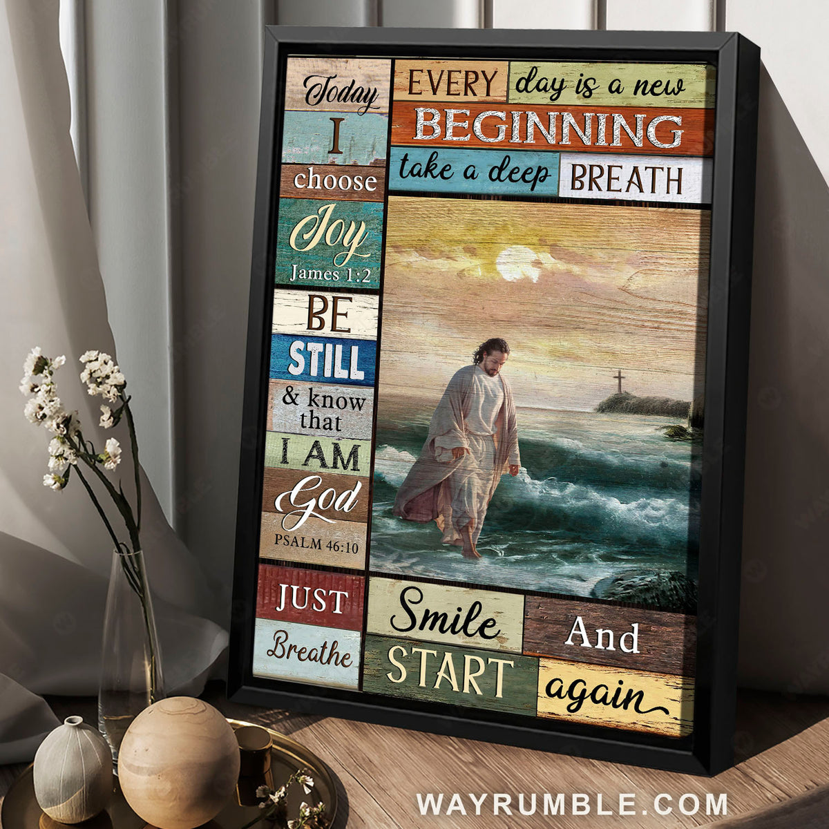 Jesus walking on water, Cross symbol, Blue beach, Jesus quotes - Jesus Portrait Canvas Prints, Christian Wall Art