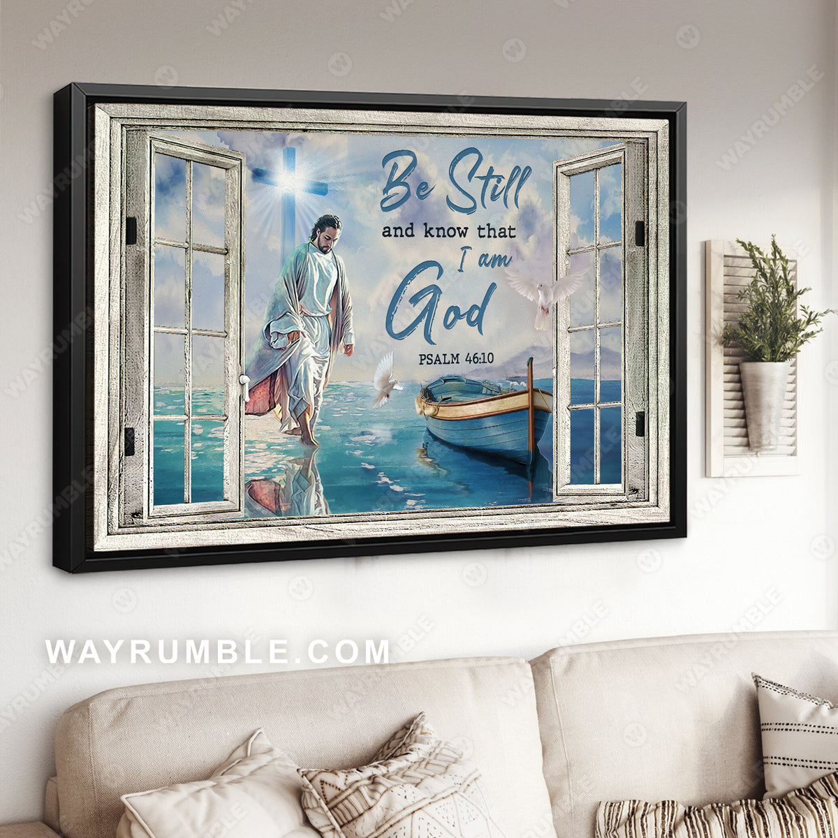 Jesus walking on the water, Light cross, Be still and know that I am God - Jesus, Window Frame Landscape Canvas Prints, Wall Art