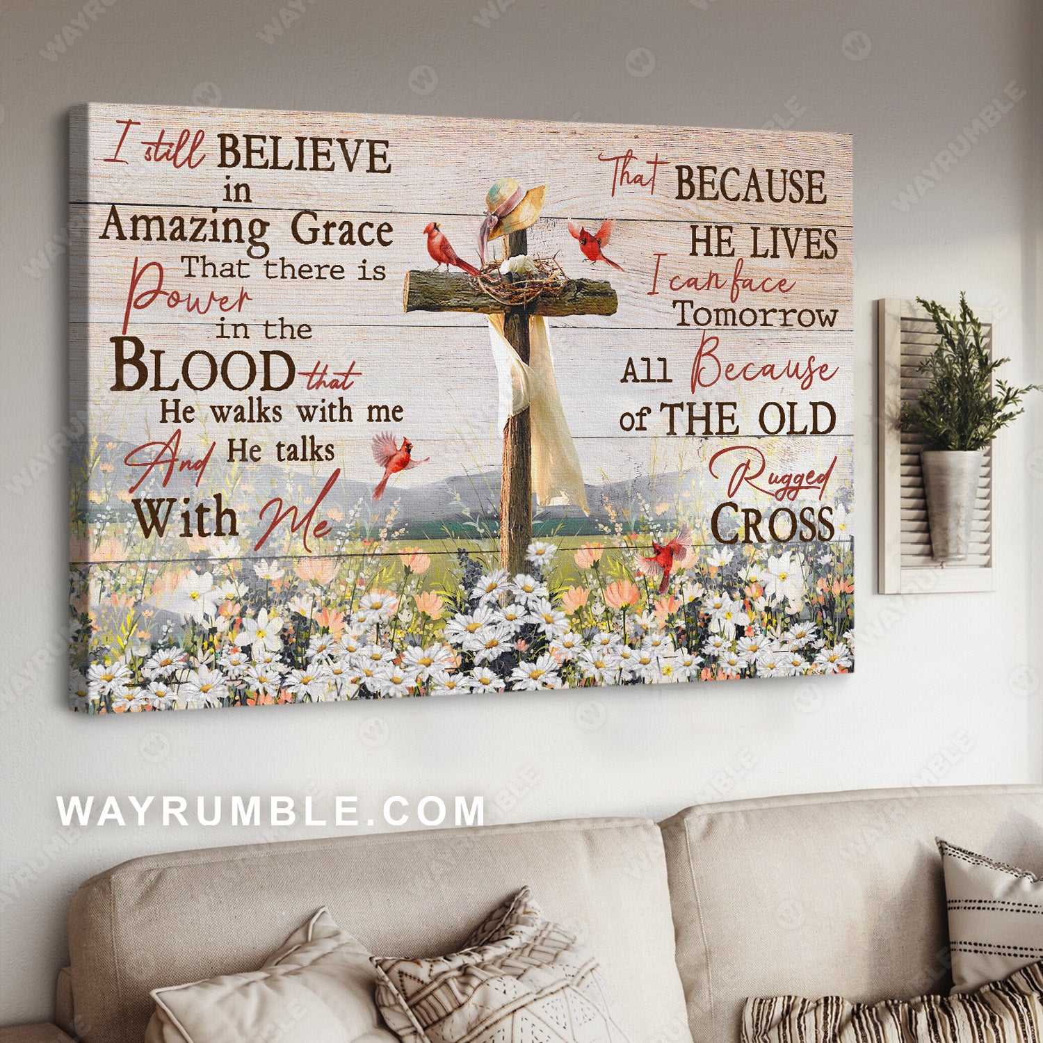 Cross symbol, Daisy field, Northern cardinal, I still believe in Amazing Grace - Jesus Landscape Canvas Prints, Christian Wall Art