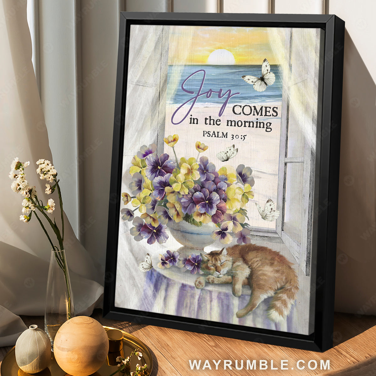 Sleeping cat, Hardy geraniums, Sunrise on beach, Joy comes in the morning - Jesus Portrait Canvas Prints, Christian Wall Art