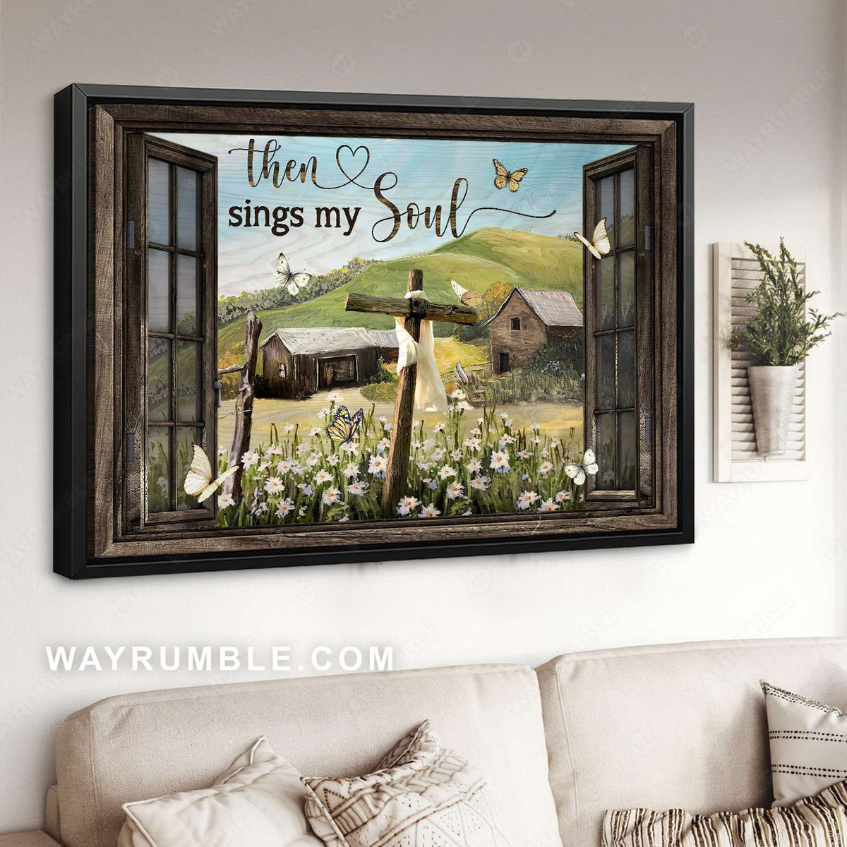 Wooden cross, Daisy field, Green hill, Then sings my soul - Jesus Landscape Canvas Prints, Christian Wall Art