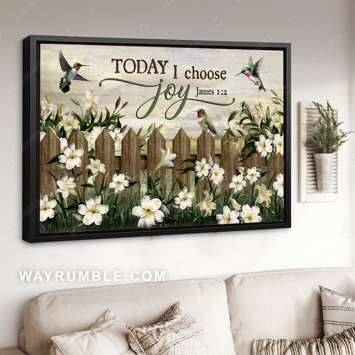 Lily flowers, Hummingbirds, Fence, Today I choose joy - Jesus Landscape Canvas Prints, Christian Wall Art