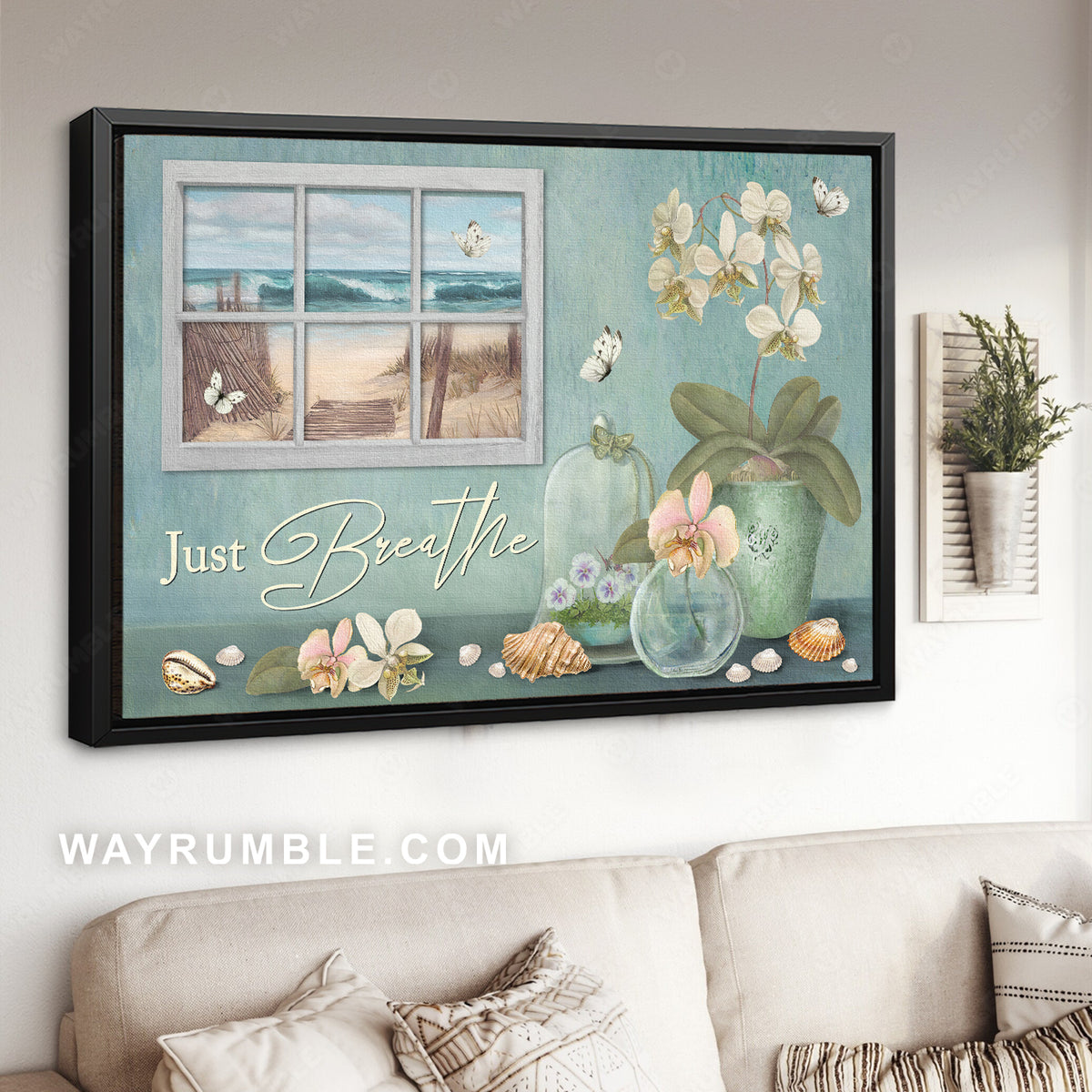White orchid, Seashells, Glass dome, Blue beach, Just breathe - Jesus Landscape Canvas Prints, Christian Wall Art