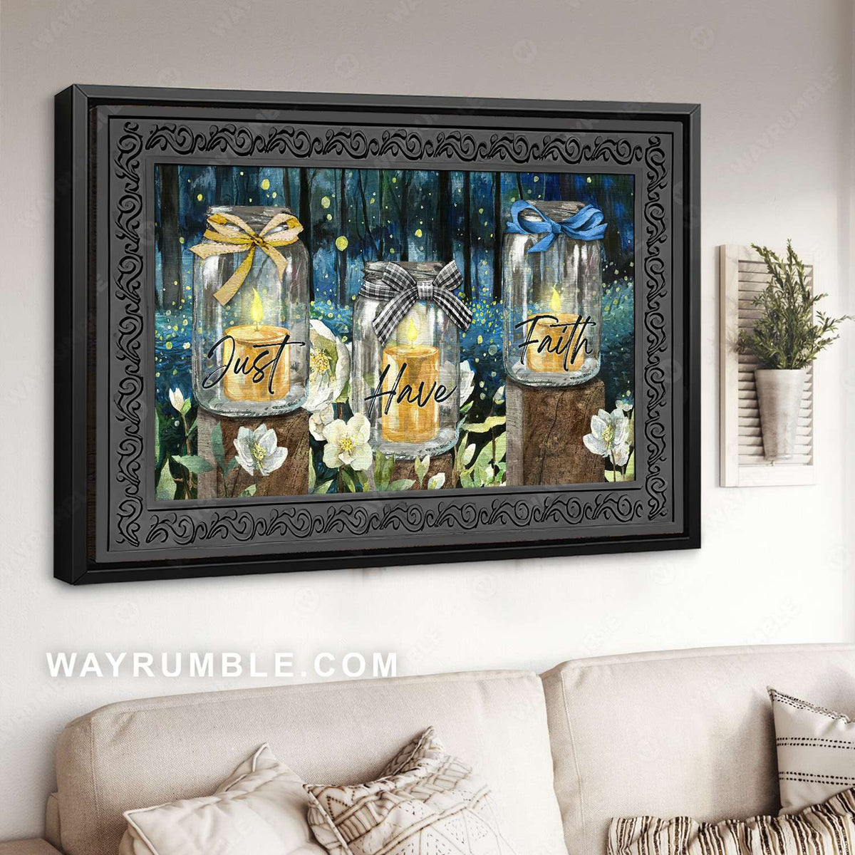 Candle jar, Firefly light, Night forest, Just have faith - Jesus Landscape Canvas Prints, Christian Wall Art