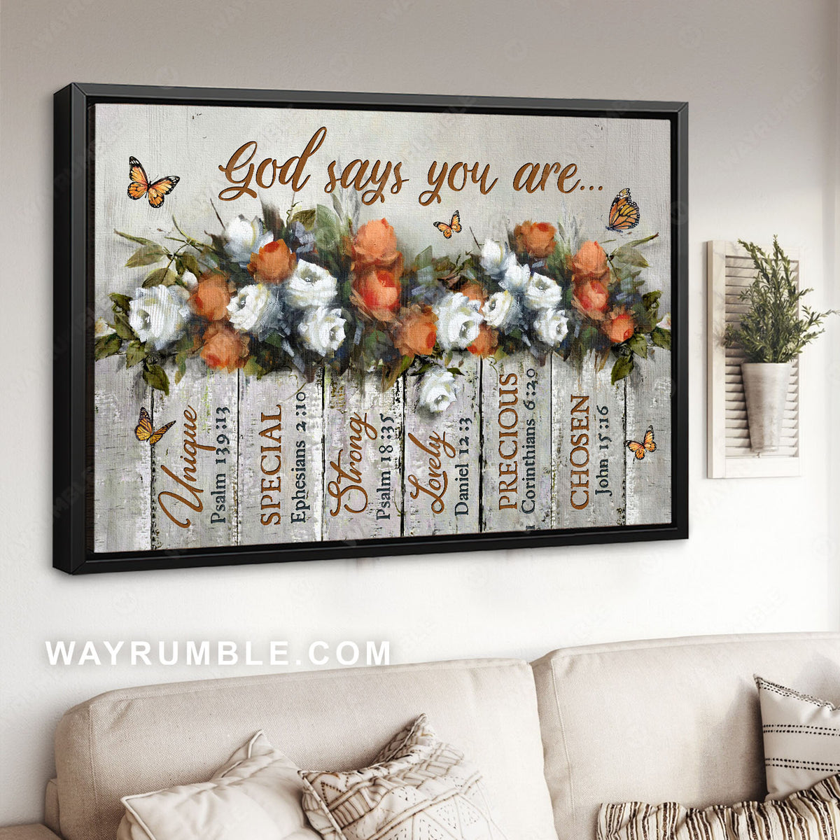 White rose, Orange rose, Monarch butterfly, God says you are unique - Jesus Landscape Canvas Prints, Christian Wall Art
