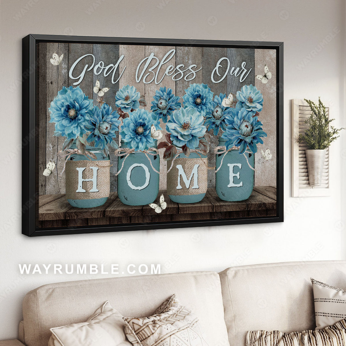 Blue flower, White butterfly, Mason jars, God bless our home - Jesus Landscape Canvas Prints, Christian Wall Art