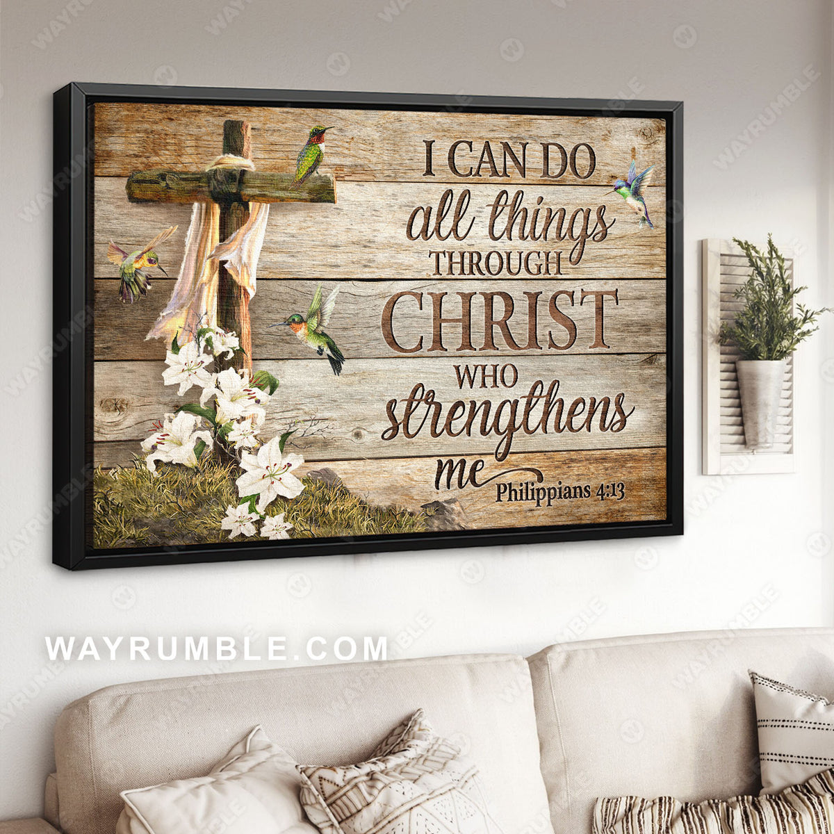 Cross symbol, Hummingbird, White lily, I can do all things - Jesus Landscape Canvas Prints, Christian Wall Art