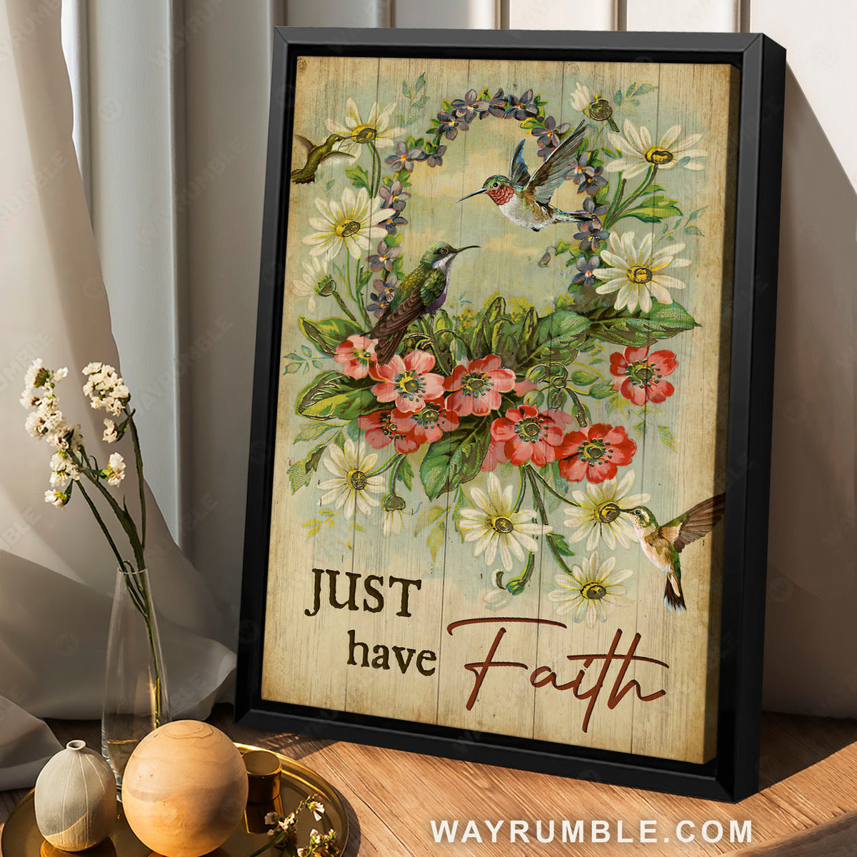 Green hummingbird, Red daisy, Flower wreath, Just have faith - Jesus Portrait Canvas Prints, Christian Wall Art