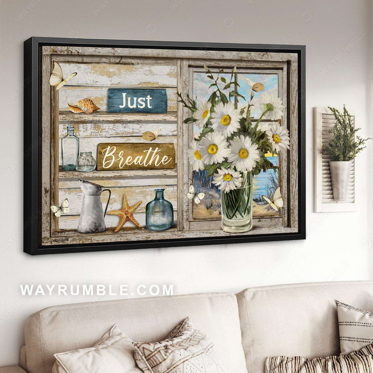 Daisy flower, Glass vase, Starfish, Seashell, Wood shelves, Just breathe - Jesus Landscape Canvas Prints, Christian Wall Art
