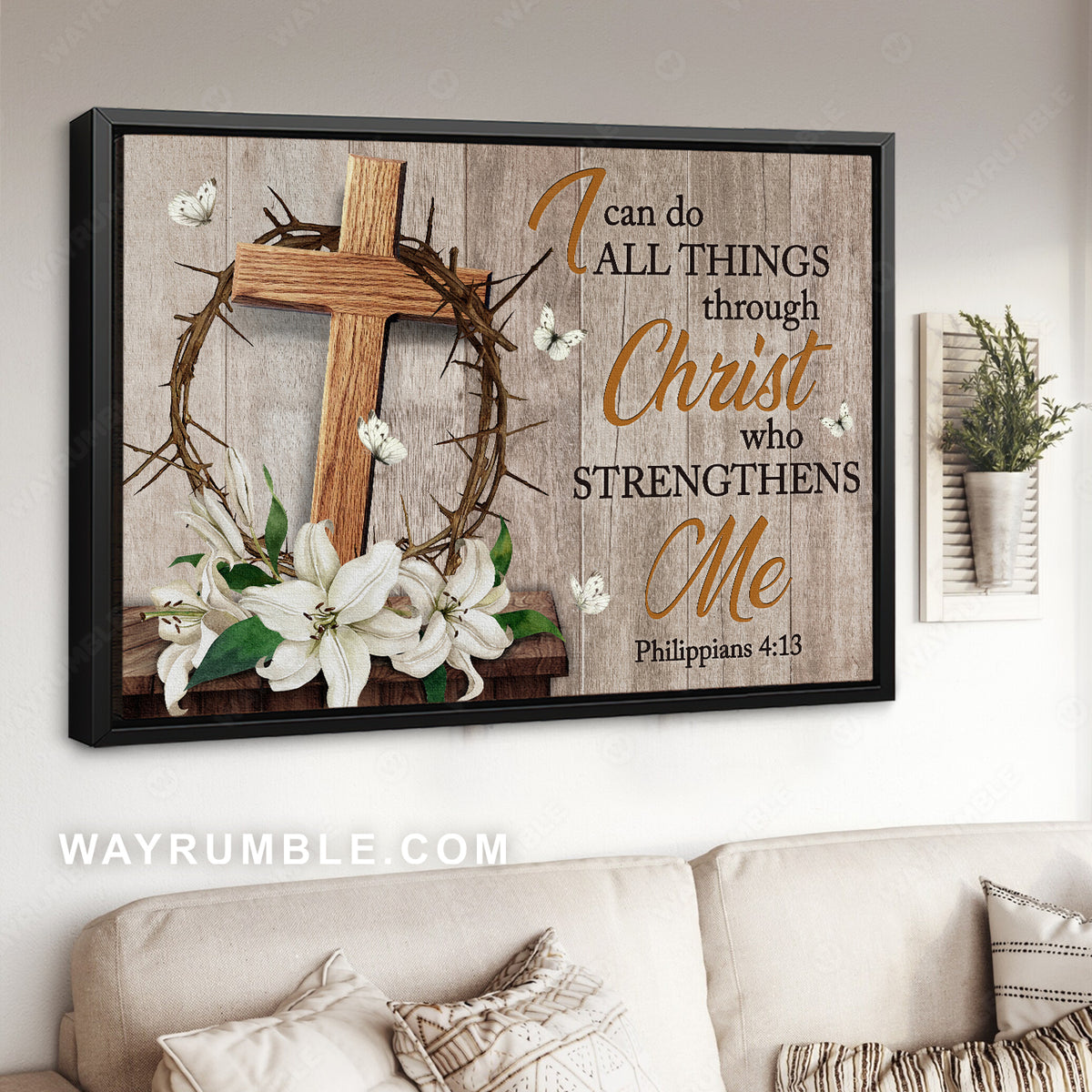 Wooden cross, Thorn crown, White lily, I can do all things - Jesus Landscape Canvas Prints, Christian Wall Art