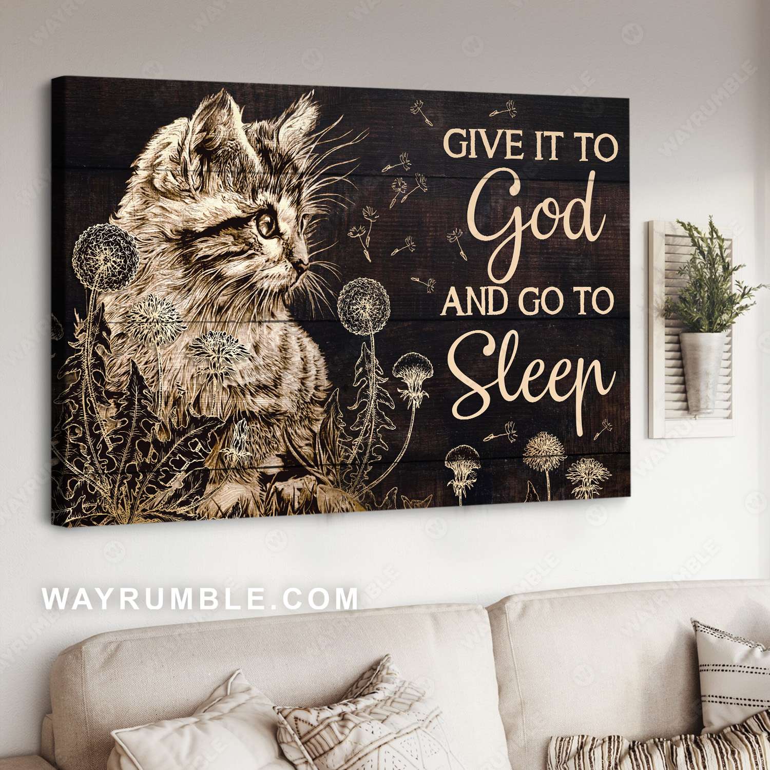 Cat painting, Dandelion, Black background, Give it to God and go to sleep - Jesus Landscape Canvas Prints, Christian Wall Art