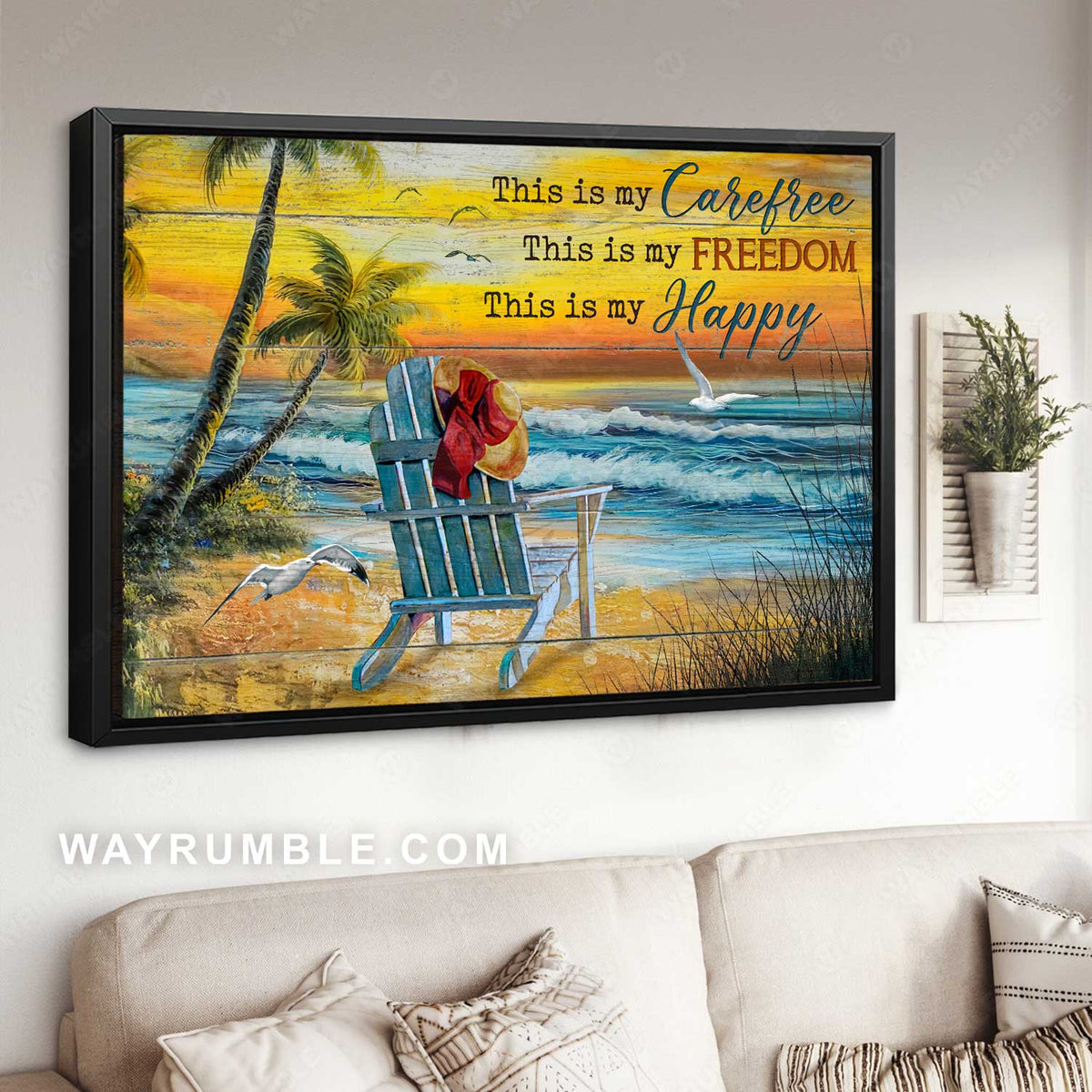 Beach chair, Floppy hat, Sunset beach, This is my carefree - Jesus Landscape Canvas Prints, Christian Wall Art