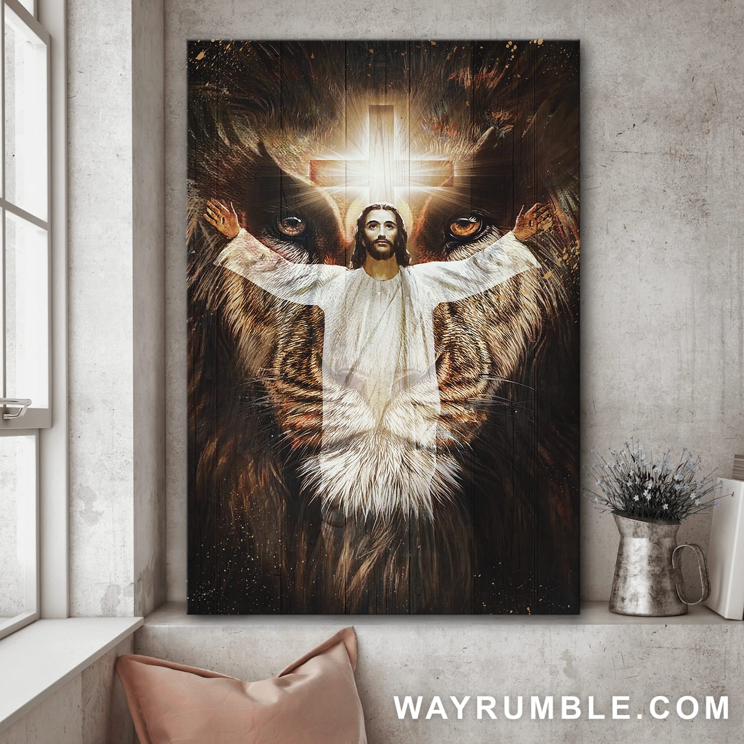 Jesus Painting, Lion of Judah, Light Cross - Jesus Portrait Canvas Prints, Wall Art